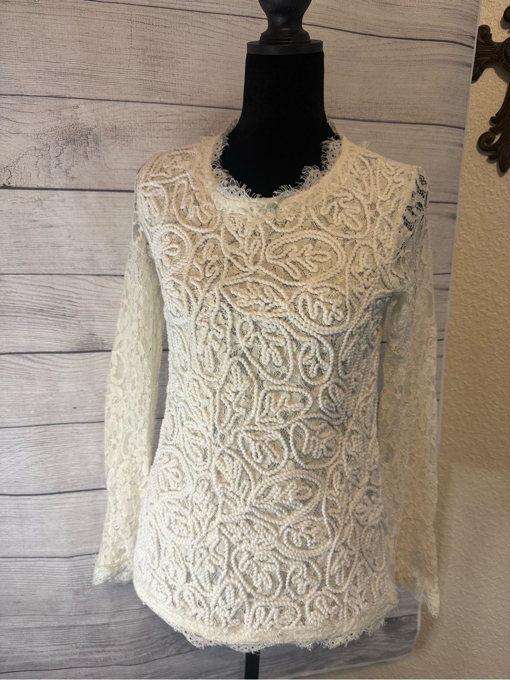 Soft Surroundings Ivory Lace Long-Sleeve Embroidered Top